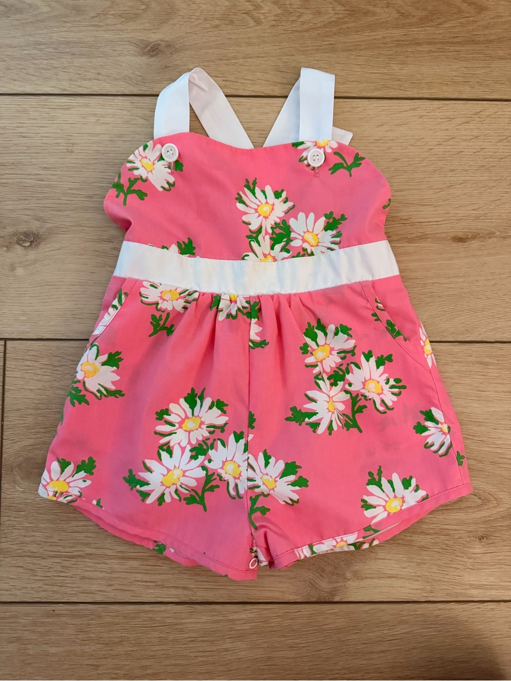 The Beaufort Bonnet Company Pink Daisy Floral Romper with White Straps